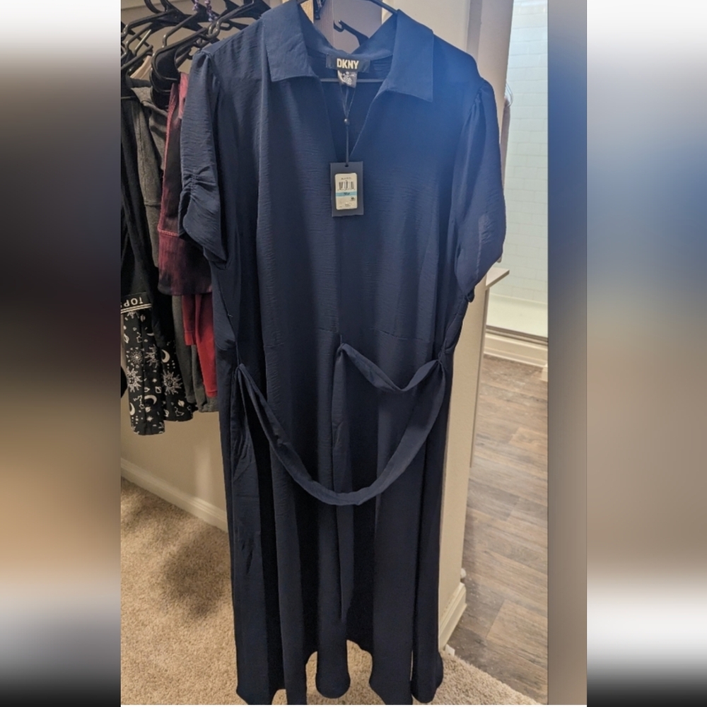 Brand new w tags DKNY Navy Blue belted midi dress 20W